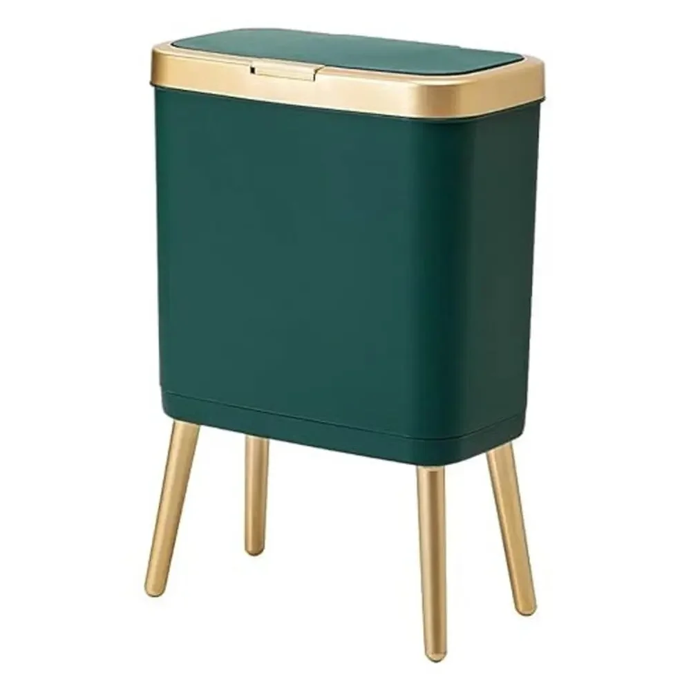 Small Trash Can with Lid 4 Gallon Push Button Waste Bin Gold Edge Bathroom